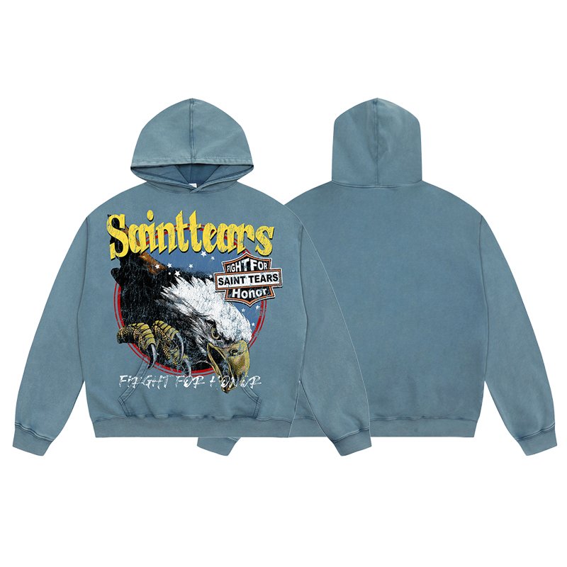 Wholesale High Quality Heavyweight 400G 100% Cotton Oversized Vintage Sand Wash Distress Saint Tears Men's Hoodies&Sweatshirts