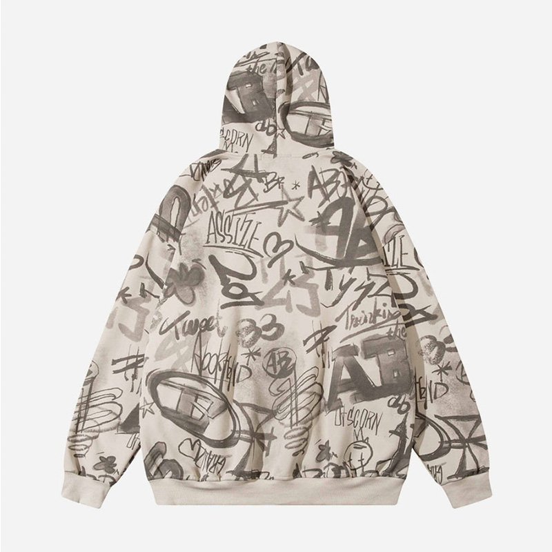 Manufacture Streetwear Zip Up Hoodies Oversized Hoodie Sweats All Over Graffiti Print Hooded Sweatshirts For Mens