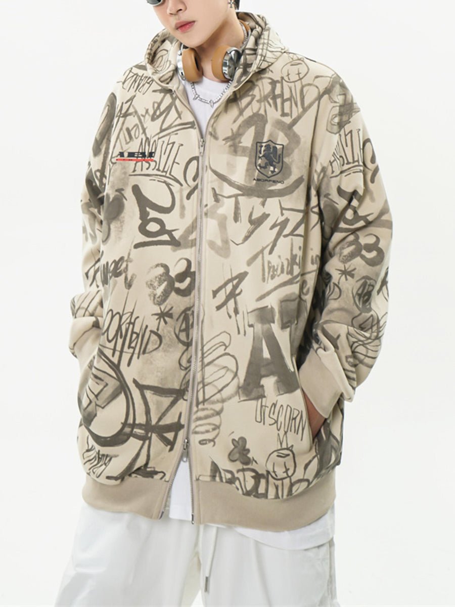 Manufacture Streetwear Zip Up Hoodies Oversized Hoodie Sweats All Over Graffiti Print Hooded Sweatshirts For Mens