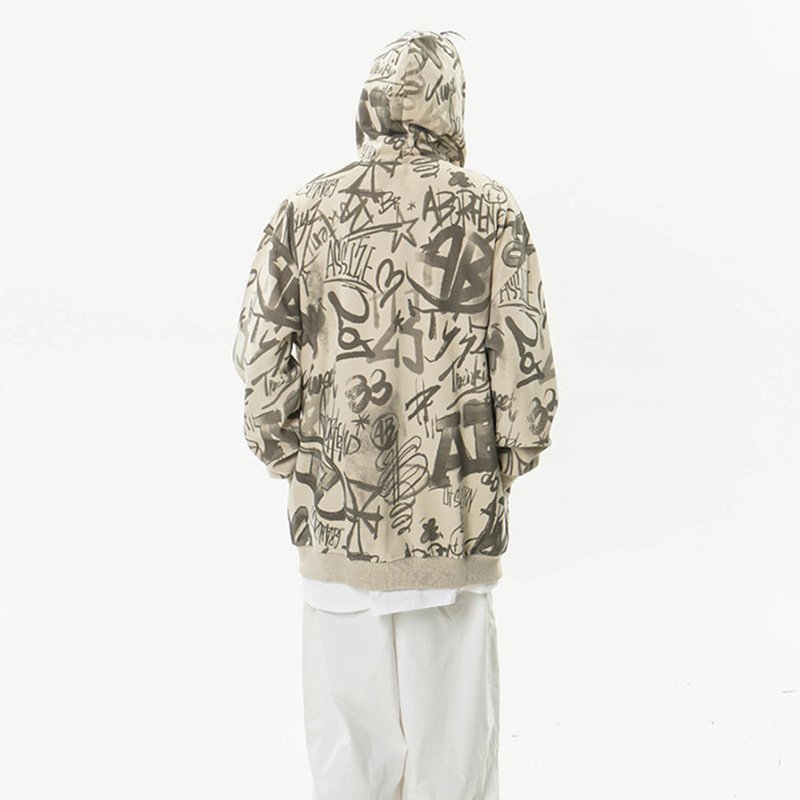 Manufacture Streetwear Zip Up Hoodies Oversized Hoodie Sweats All Over Graffiti Print Hooded Sweatshirts For Mens