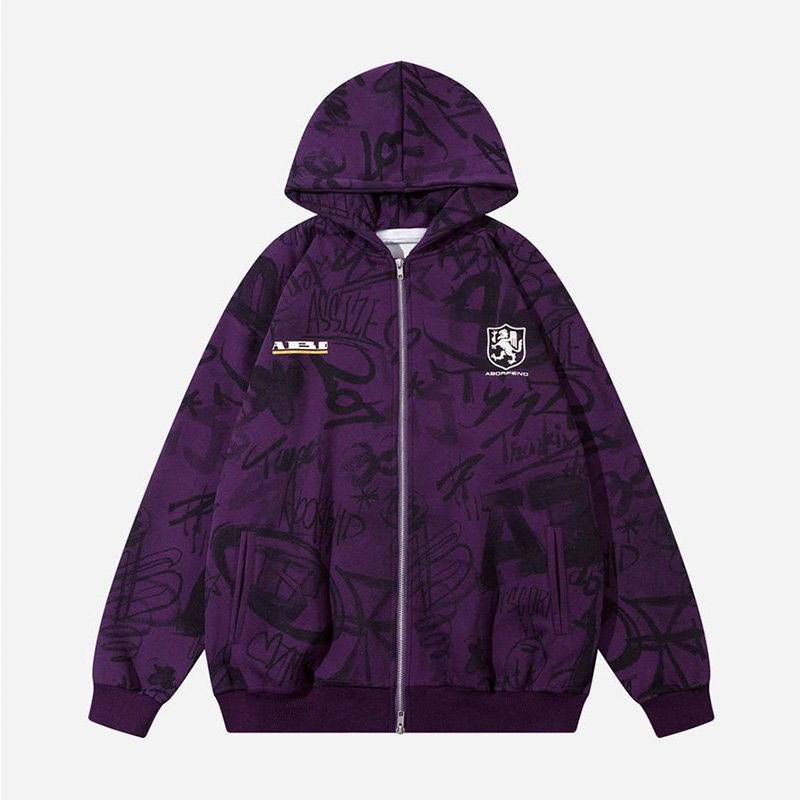 Manufacture Streetwear Zip Up Hoodies Oversized Hoodie Sweats All Over Graffiti Print Hooded Sweatshirts For Mens