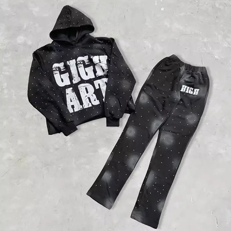 OEM Clothing manufacturers custom logo acid wash hoodie vintage DTG Print men's track suit distressed sweatsuit rhinestone sets