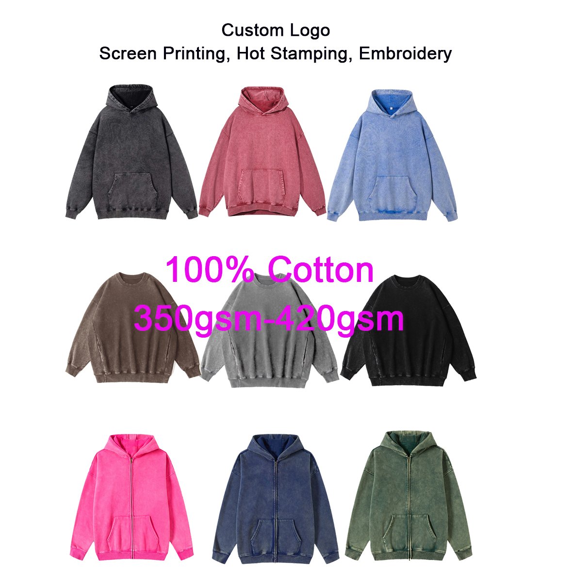 Custom 100% Cotton 420GSM Oversize Crewneck Sweatshirt Vintage Distressed Full Zip Up Hoodie Sweatshirt Unisex Acid Wash Hoodie