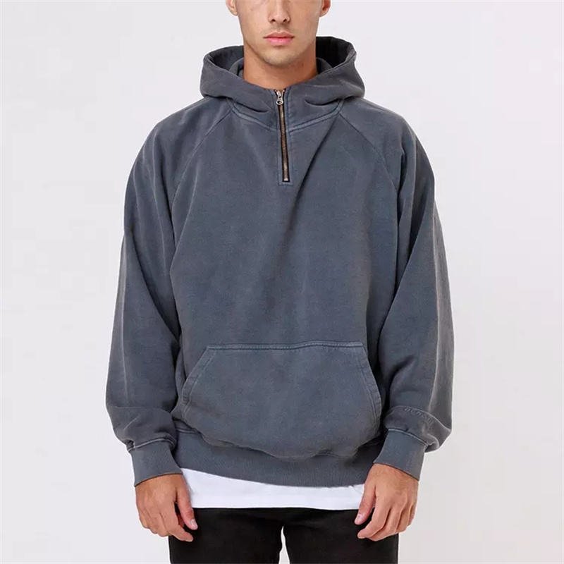 OEM custom drop shoulder raglan sleeve funnel neck pullover washed grey oversized half quarter zip hoodie plain men's hoodies