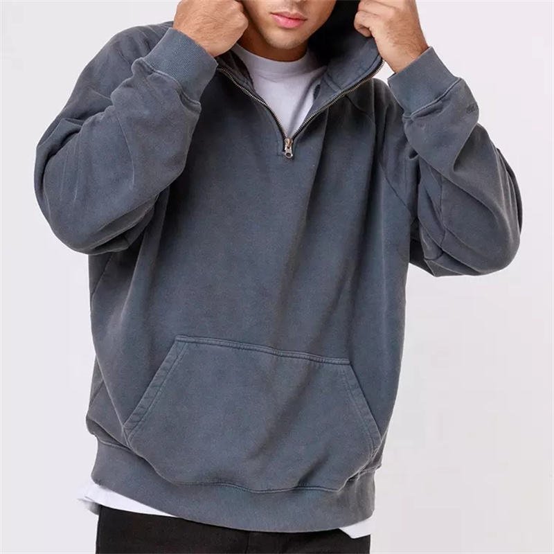 OEM custom drop shoulder raglan sleeve funnel neck pullover washed grey oversized half quarter zip hoodie plain men's hoodies