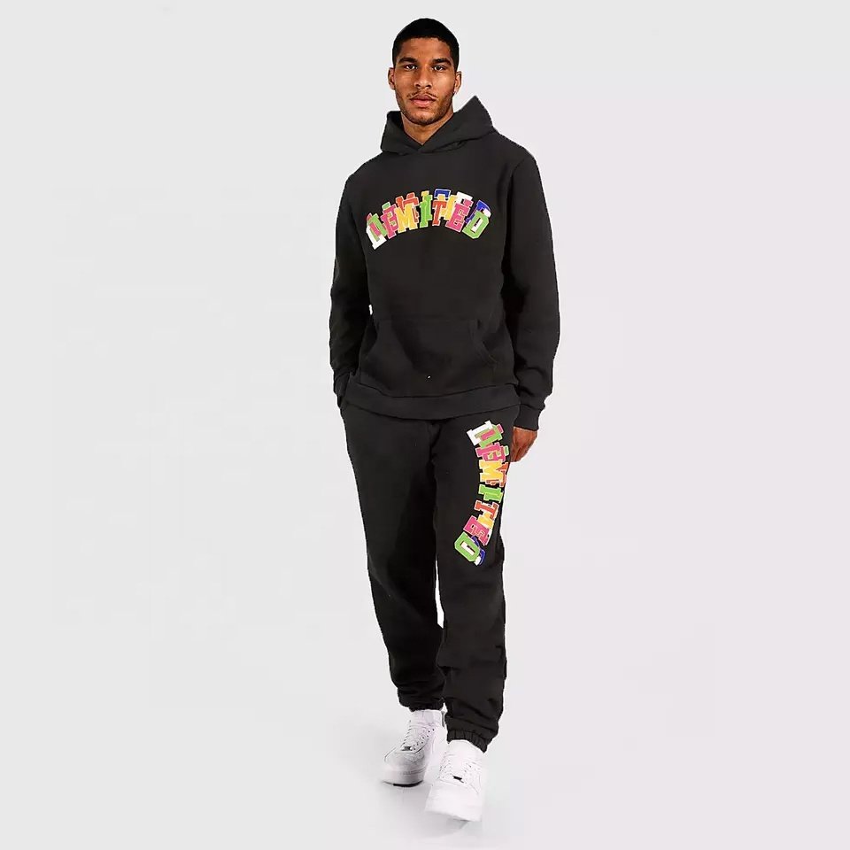 OEM Puff Print Black Tracksuit 2022 New Designs Customized Chenille Embroidery Hoodies & Tracksuits For Men's Sale