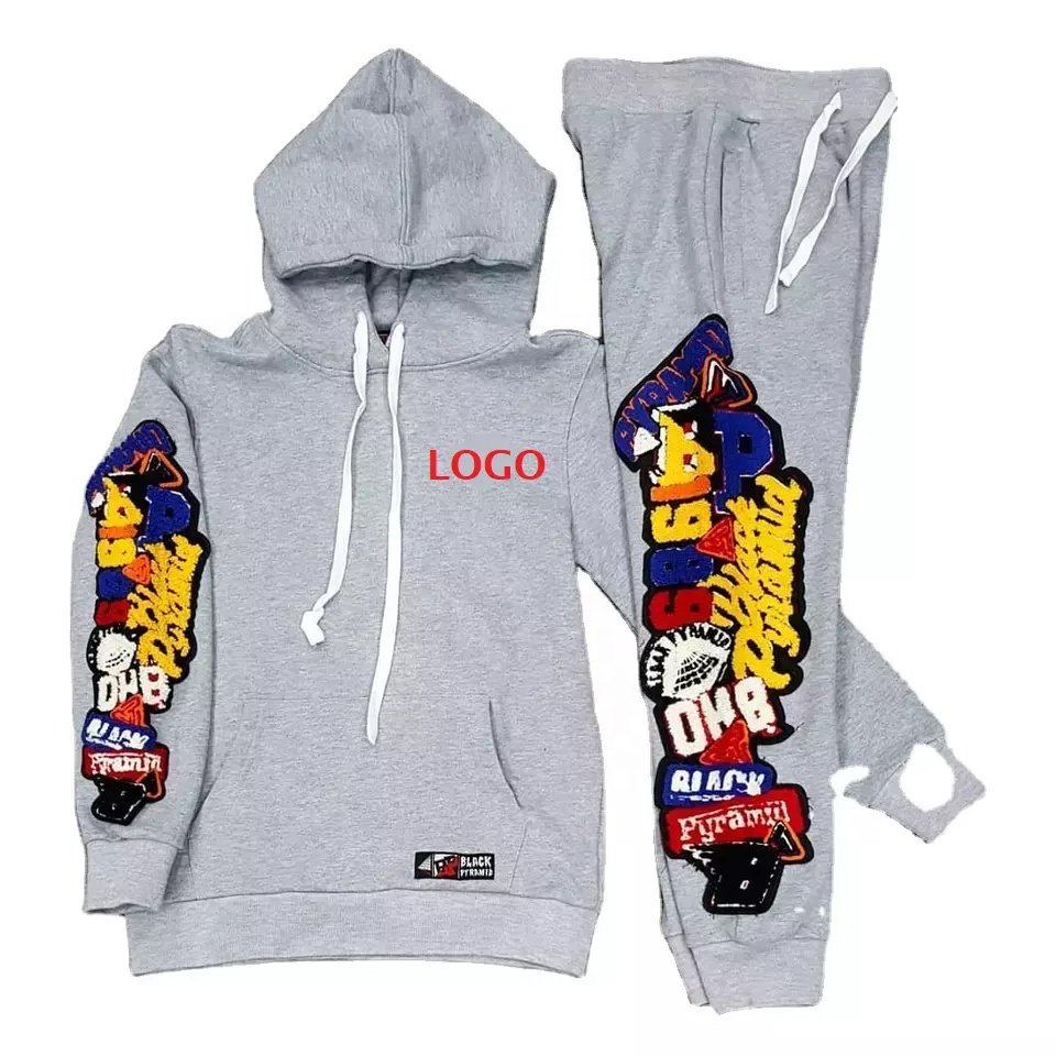 OEM Puff Print Black Tracksuit 2022 New Designs Customized Chenille Embroidery Hoodies & Tracksuits For Men's Sale