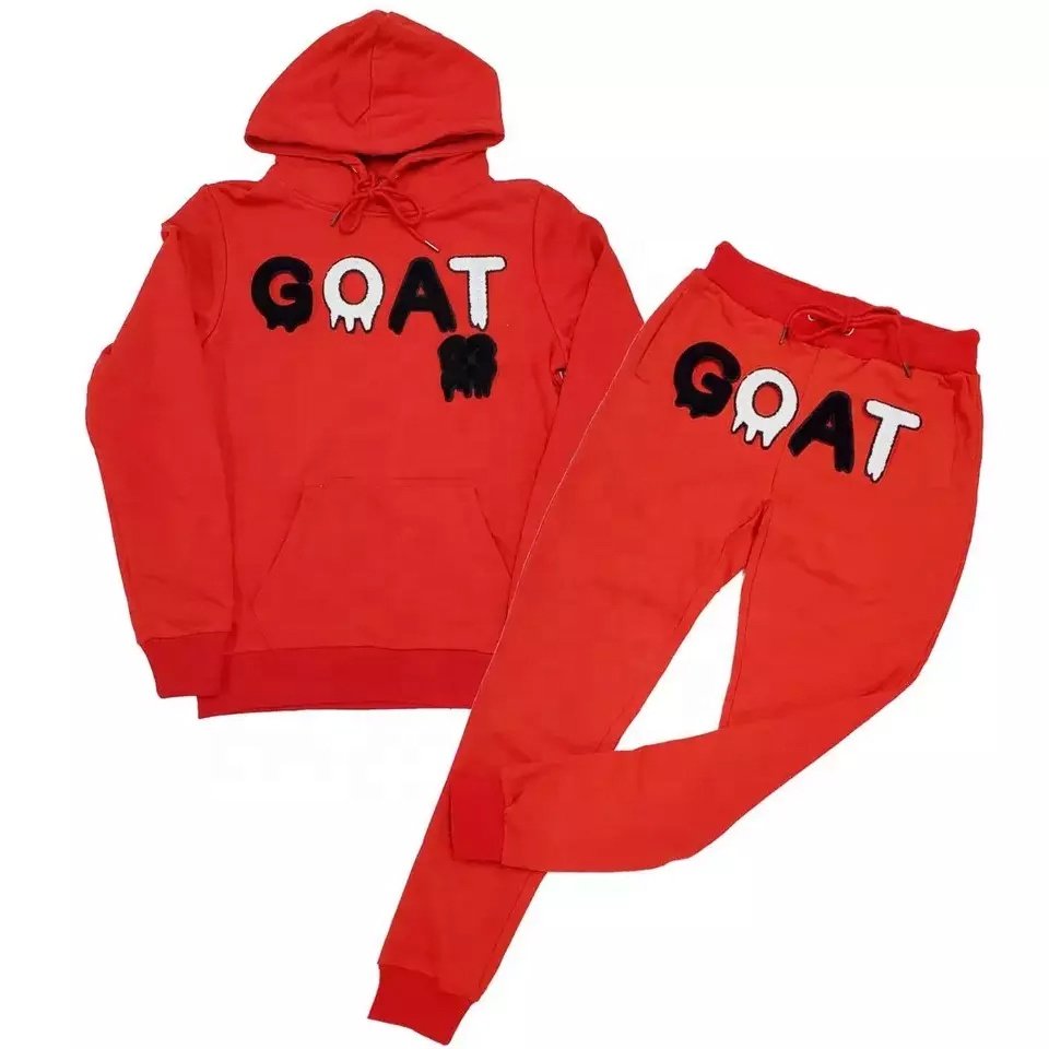 OEM Puff Print Black Tracksuit 2022 New Designs Customized Chenille Embroidery Hoodies & Tracksuits For Men's Sale