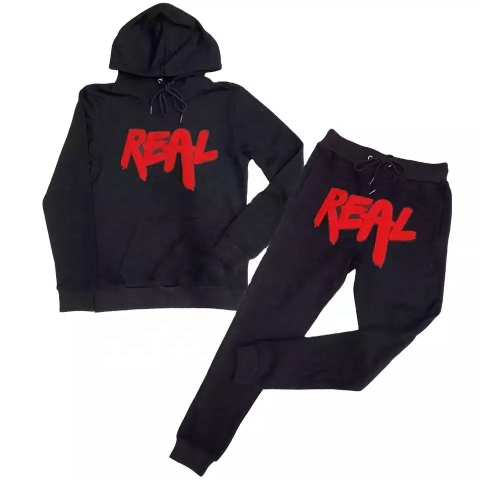 OEM Puff Print Black Tracksuit 2022 New Designs Customized Chenille Embroidery Hoodies & Tracksuits For Men's Sale