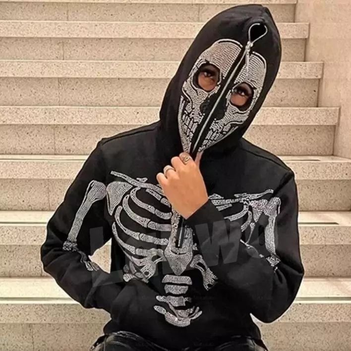 Unisex Cotton Pullover Zip Up Hoodies Manufacturer Puff Printing Custom Heavyweight Skeleton Rhinestone Full Zip Up Hoodie