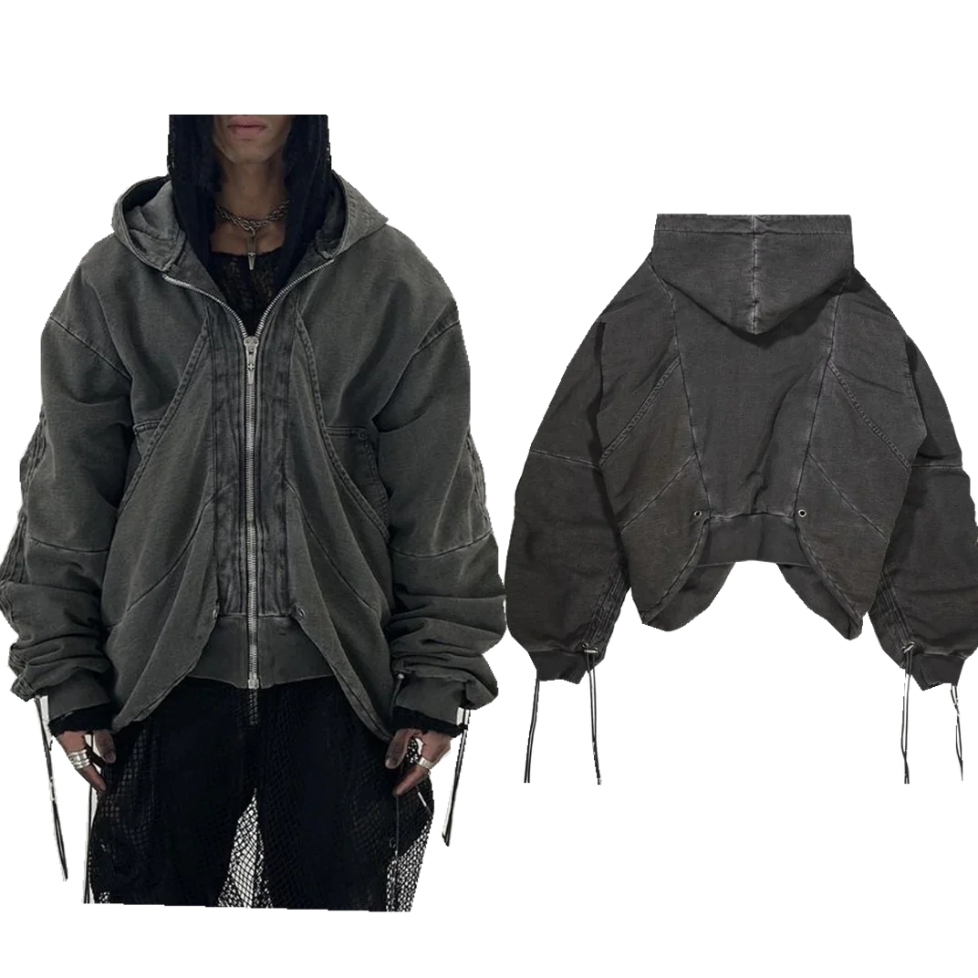 Custom Embroidery Design Heavyweight Vintage Wash y2k Puff Printed Hoodie Long Sleeve Men's Oversized Cargo Zip Hoodie Jacket