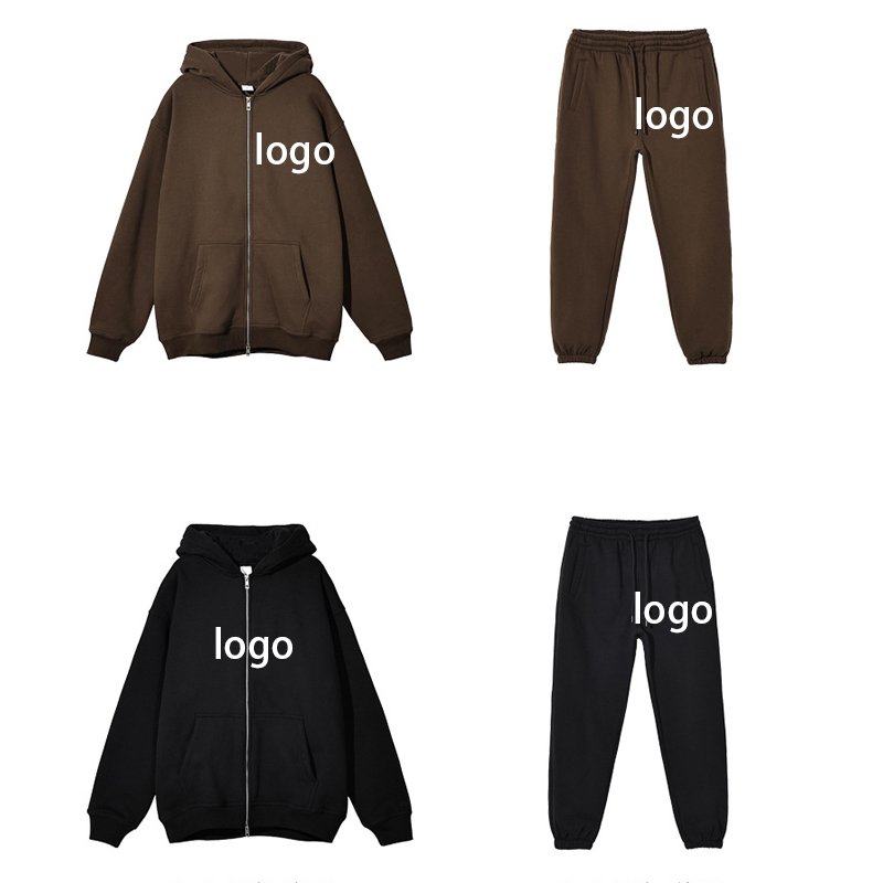 Hot Sales blank oversized full zip up hoodie drawstring sweatpants set heavyweight cotton fleece hoodies and jogger set