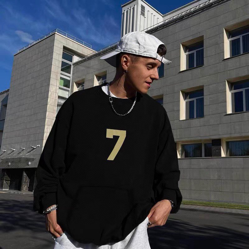 High quality sportswear Main line 7word flocking printed high street casual round neck pullover hoodie Ess Hip hop hoodie