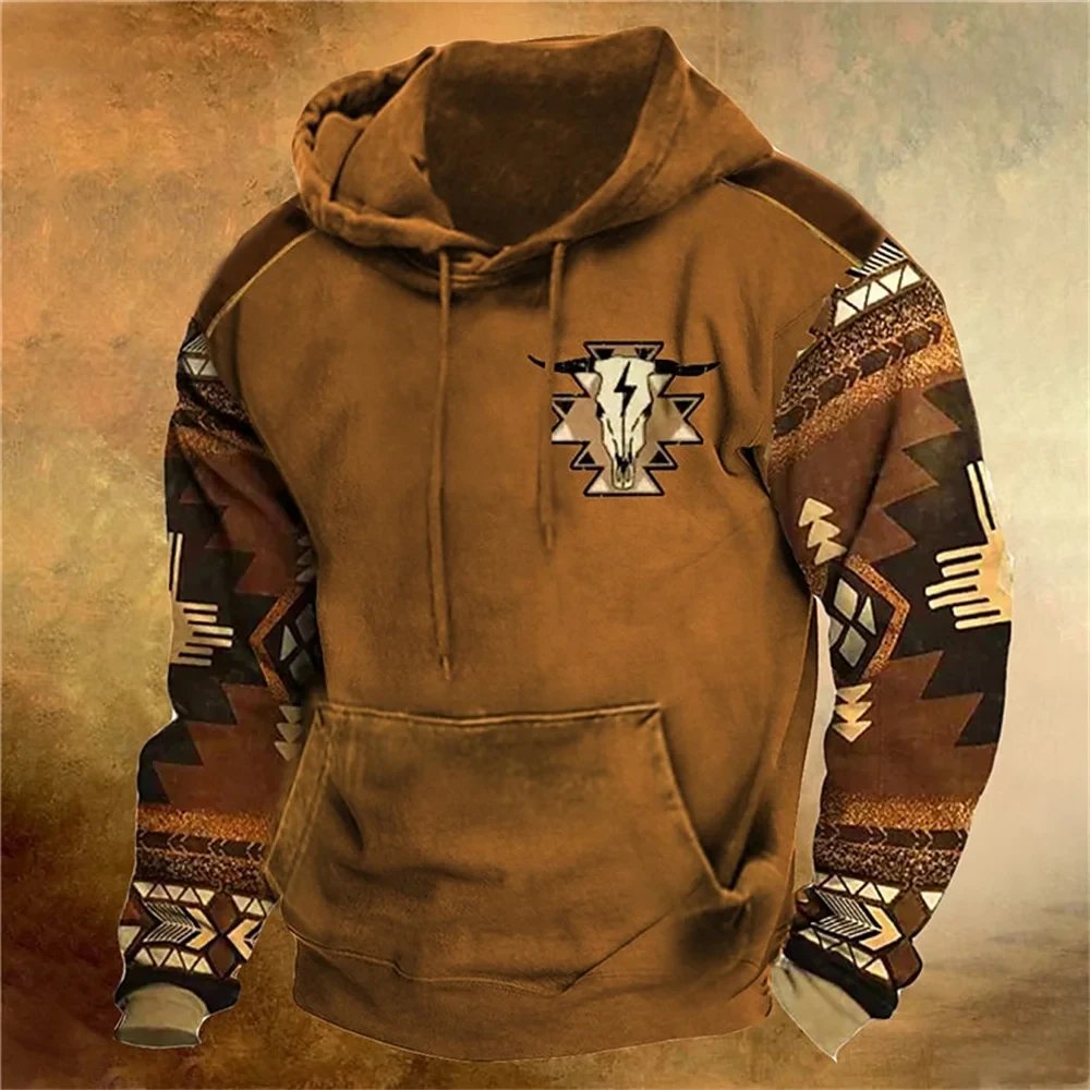 Retro Western Tribe Men's Hoodie Customs Clothes Printing Vintage Sports Tracksuit for Men Clothing Fashion Casual Pullover Tops