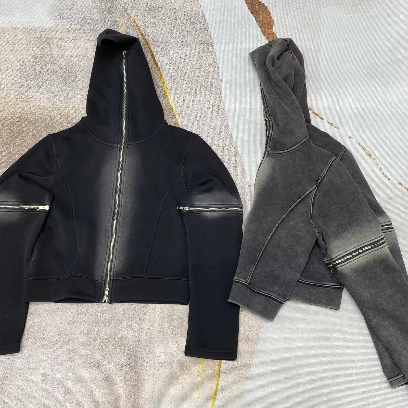 OEM Custom Distressed Vintage Heavyweight 100% Cotton French Terry Oversized Zip Up Acid Wash Men's Hoodies
