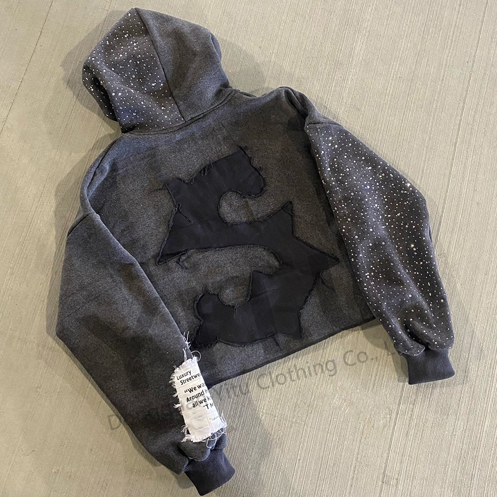 Custom zipper vintage sun faded distressed applique embroidery streetwear acid wash rhinestone men's hoodies & sweatshirts