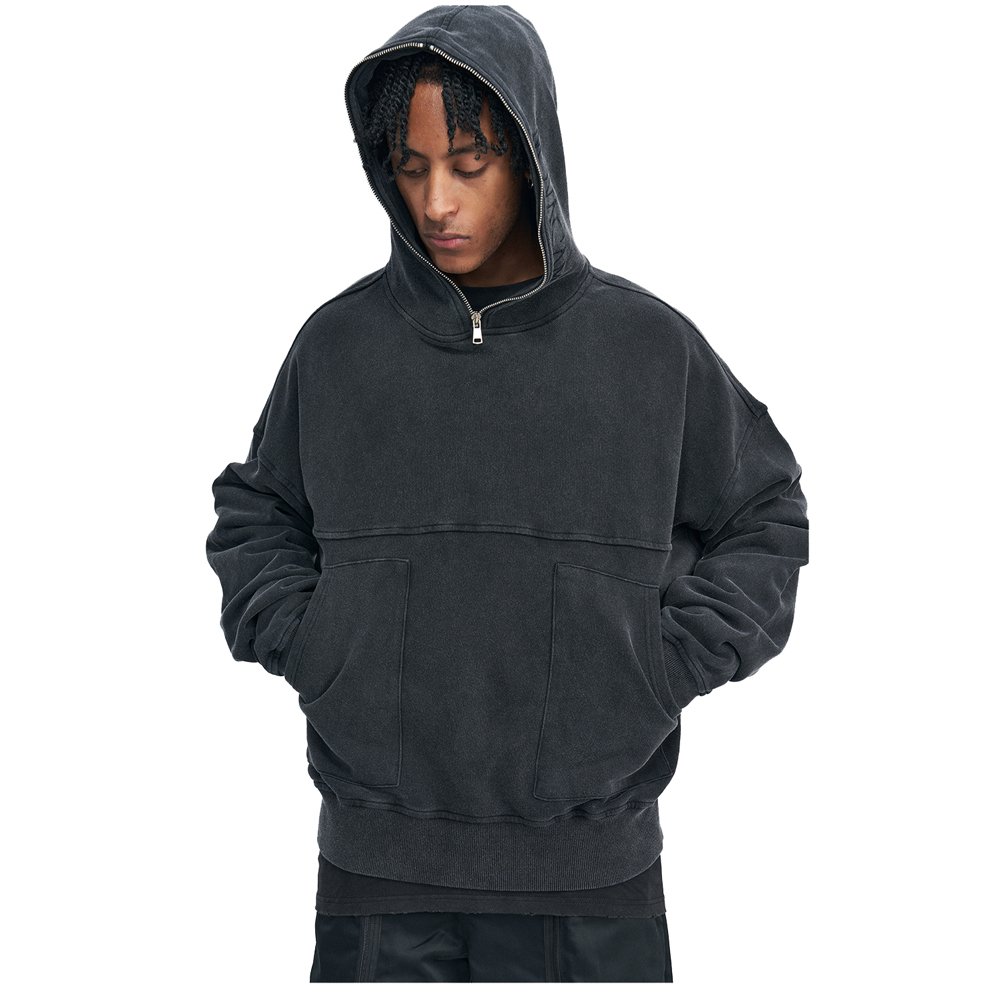 Wholesale New Design Acid Wash Hoodie Half Zipper Hood Plain Hoodie Vintage Oversize Hoodie with 2 Pockets for Men