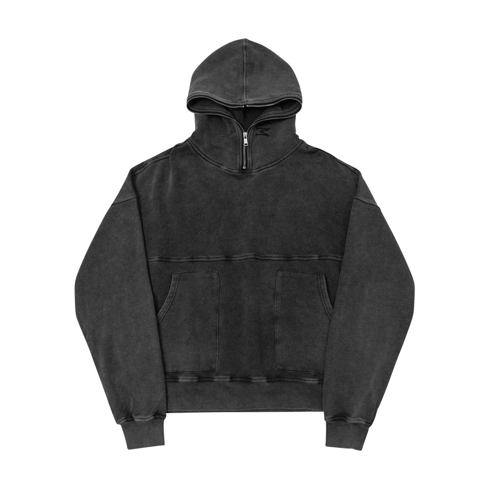 Wholesale New Design Acid Wash Hoodie Half Zipper Hood Plain Hoodie Vintage Oversize Hoodie with 2 Pockets for Men