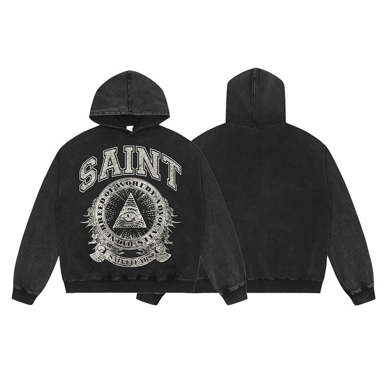 Wholesale High Quality Heavyweight 400G 100% Cotton Oversized Vintage Sand Wash Distress Saint Tears Men's Hoodies&Sweatshirts