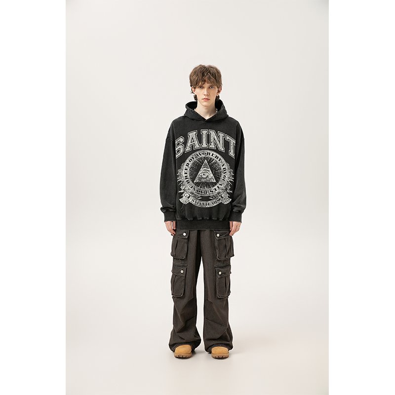 Wholesale High Quality Heavyweight 400G 100% Cotton Oversized Vintage Sand Wash Distress Saint Tears Men's Hoodies&Sweatshirts
