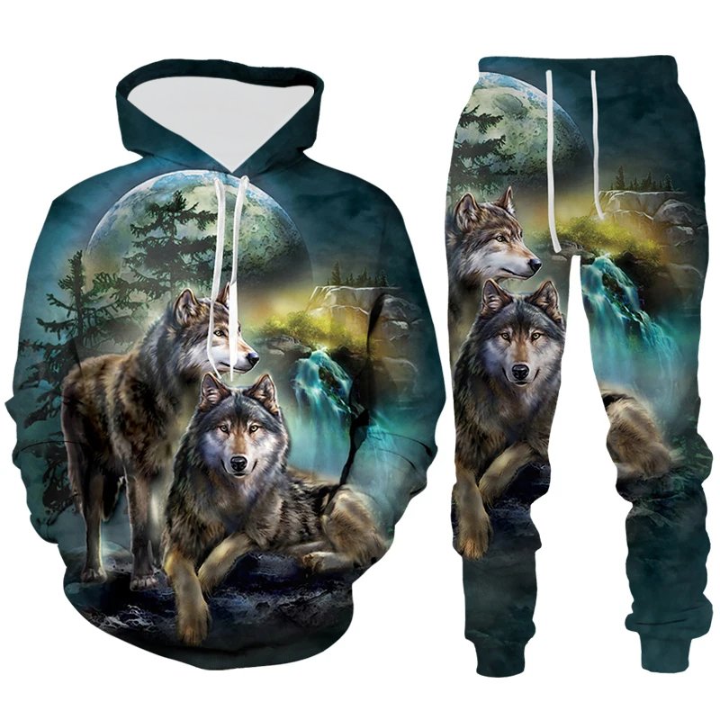 Wolf Graphic Men's Hoodies & Sweatshirts Set Printing Animal Men's Sets Outdoor Streetwear Hoodie Pullovers Top Mens Clothing