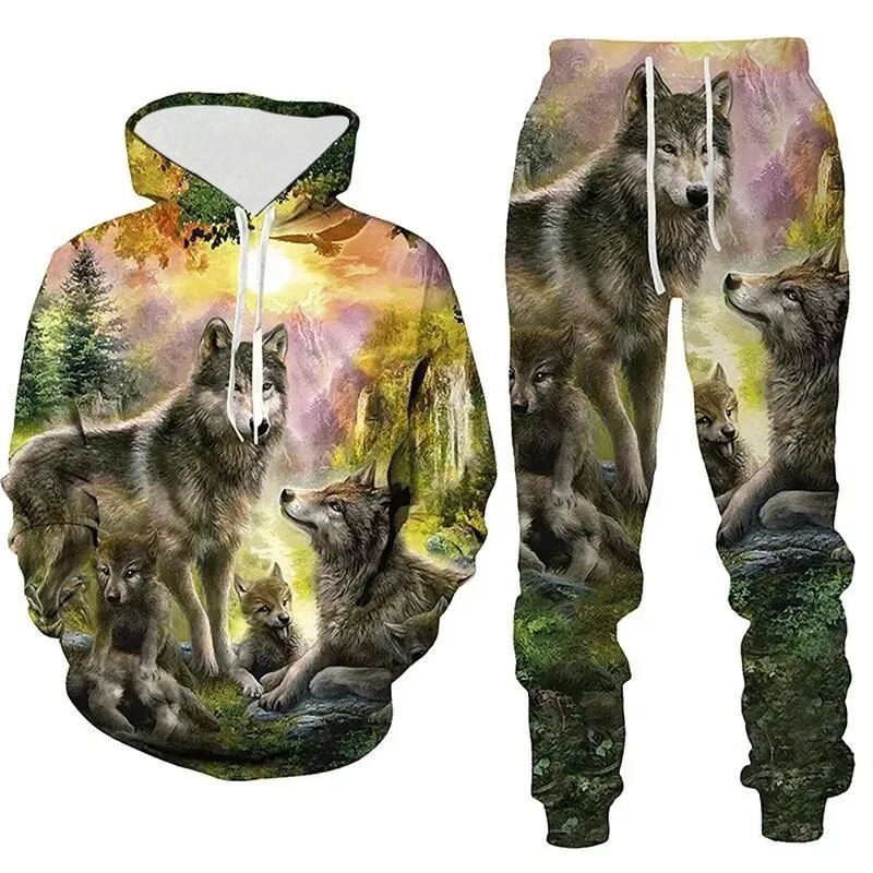 Wolf Graphic Men's Hoodies & Sweatshirts Set Printing Animal Men's Sets Outdoor Streetwear Hoodie Pullovers Top Mens Clothing