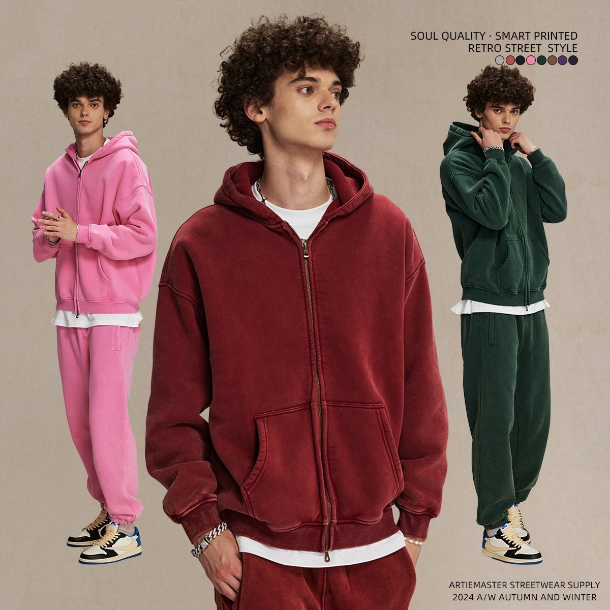 Unisex Heavy Thick 350gsm Double Zip Fleece Sweater Customizable Street Casual Men's Hoodie with Puff Technics for Spring Season