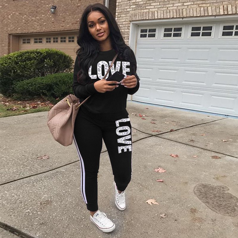Wholesale Custom Logo 2 Piece Women Outfit LOVE Letter Print High Neck Hoodies Sweatshirt Pants Tracksuit Plus Size Streetwear