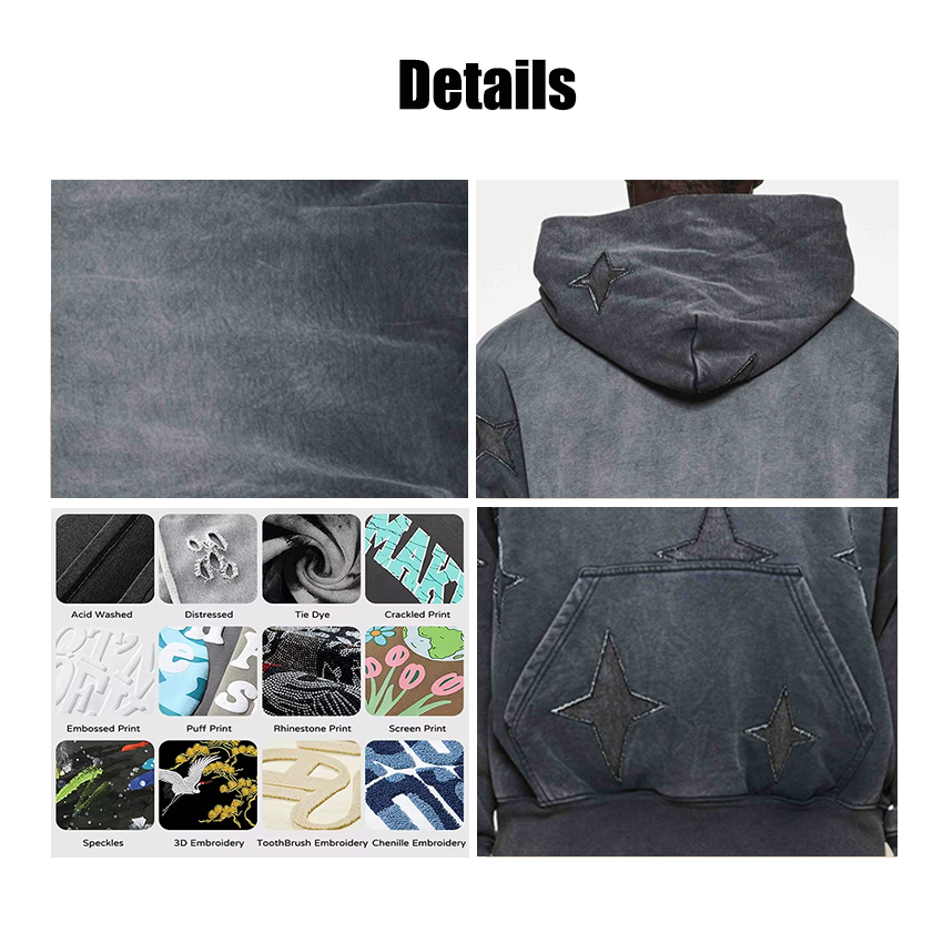 Wholesale men's hoodies oversized 100% cotton streetwear custom 500gsm heavyweight acid water washed distressed hoodies for man