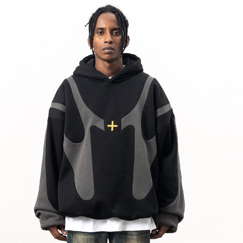 High Street Contrast Color Spliced Plus Size Men's Hoodies Boxy Fit Double Layer Logo Embroidered Personalized Hoodie