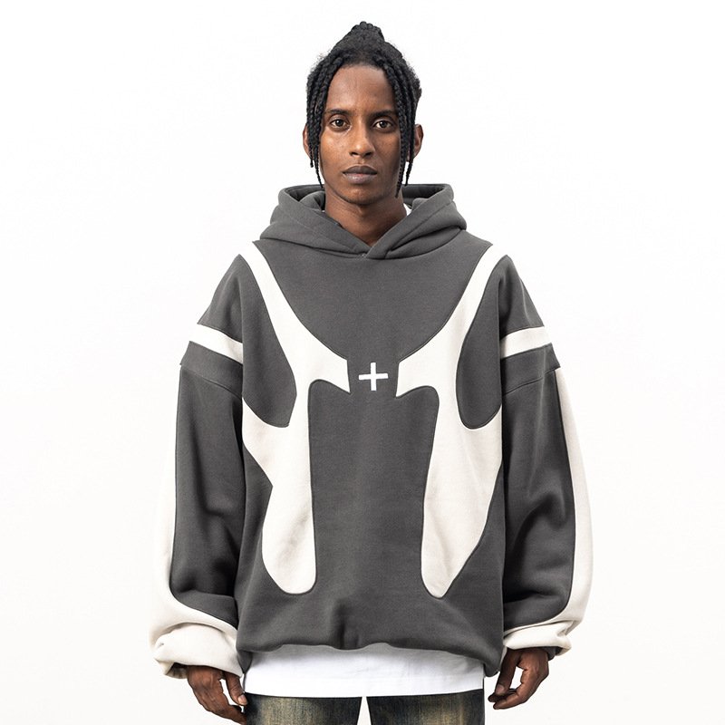 High Street Contrast Color Spliced Plus Size Men's Hoodies Boxy Fit Double Layer Logo Embroidered Personalized Hoodie
