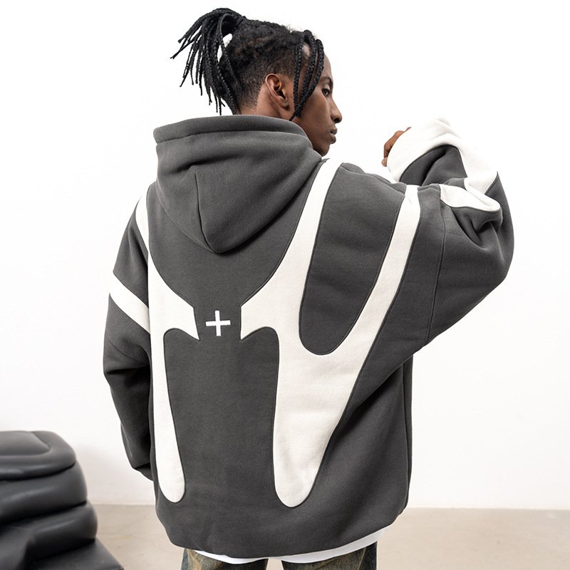 High Street Contrast Color Spliced Plus Size Men's Hoodies Boxy Fit Double Layer Logo Embroidered Personalized Hoodie