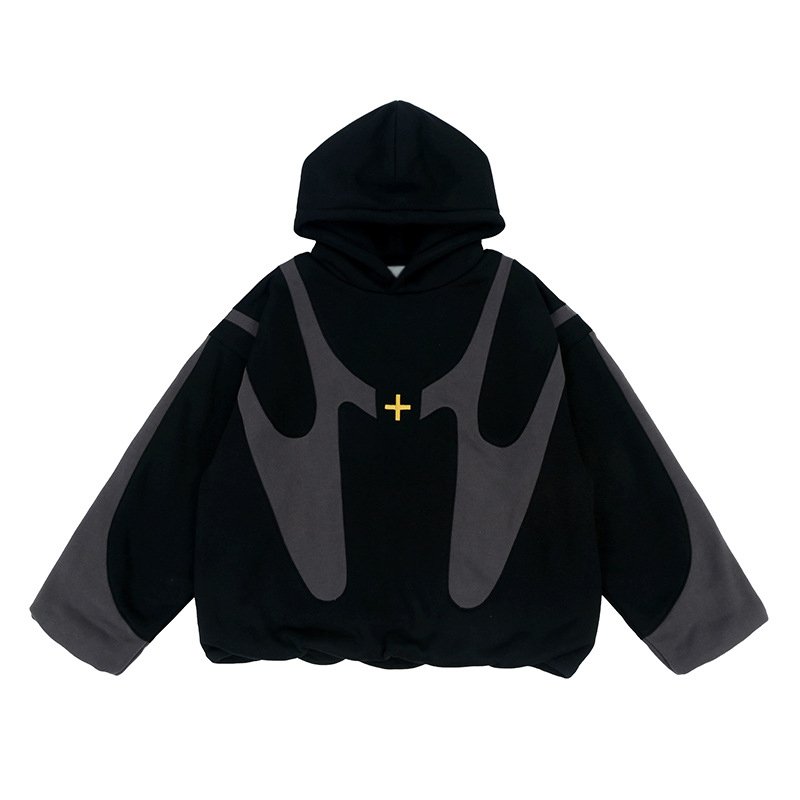 High Street Contrast Color Spliced Plus Size Men's Hoodies Boxy Fit Double Layer Logo Embroidered Personalized Hoodie
