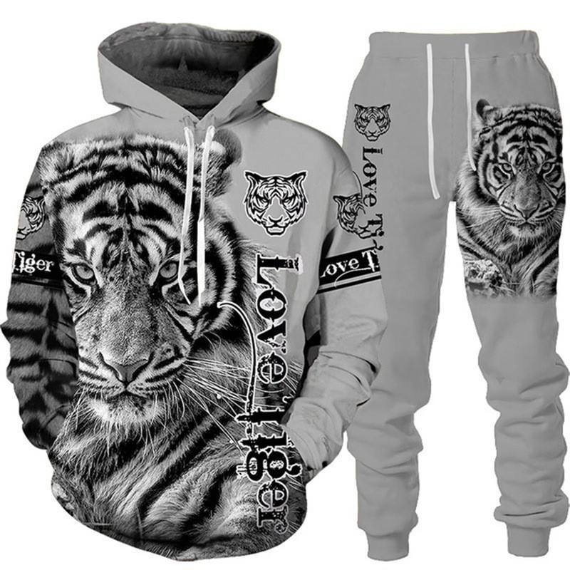 Hot selling 2024 3D Tiger Printed Hoodie Pants Suit cool Men 2 Pcs sportswear Tracksuit Set Autumn And Winter Men's Clothing