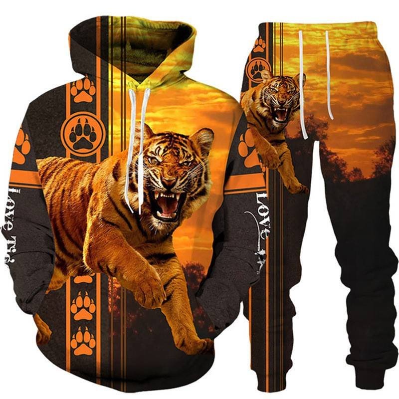Hot selling 2024 3D Tiger Printed Hoodie Pants Suit cool Men 2 Pcs sportswear Tracksuit Set Autumn And Winter Men's Clothing