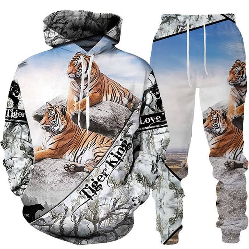 Hot selling 2024 3D Tiger Printed Hoodie Pants Suit cool Men 2 Pcs sportswear Tracksuit Set Autumn And Winter Men's Clothing