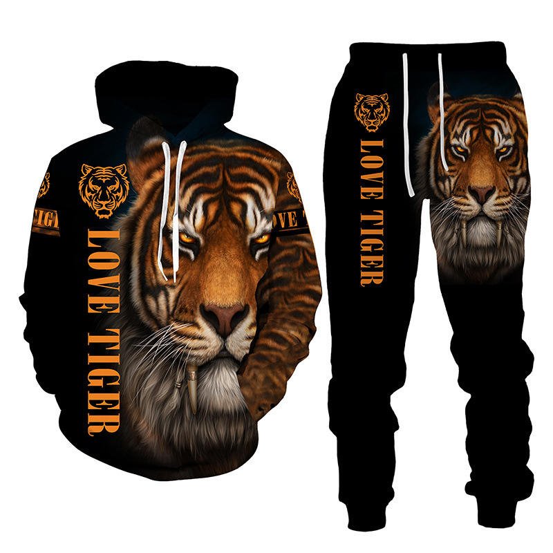 Hot selling 2024 European and American cross-border suit 3D digital printing animal lion men and women hoodie sweater and pants