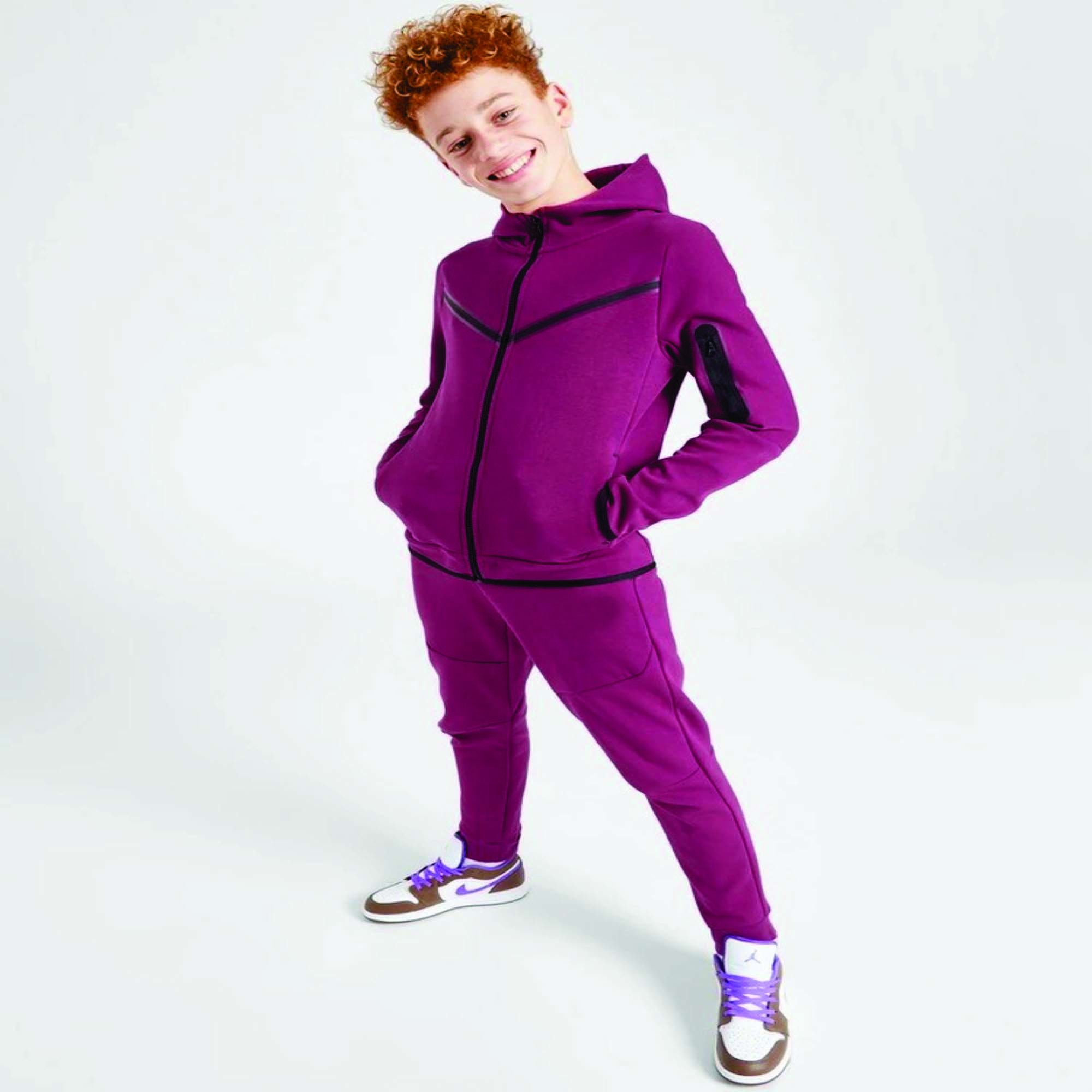 Custom Brand Logo 69% Cotton 31% Polyester Pink Boys Tech Fleece Tracksuit Full Zip Hoodie Joggers Sweatpants Sweatsuit