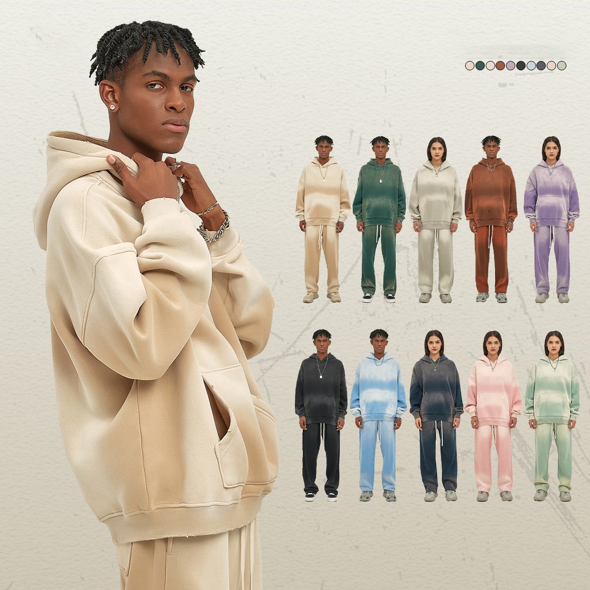 Hot Acid Wash Streetwear Vintage Custom Hoodies Set 100% Cotton Tracksuit 350 Gsm Loose Blank Hoodies