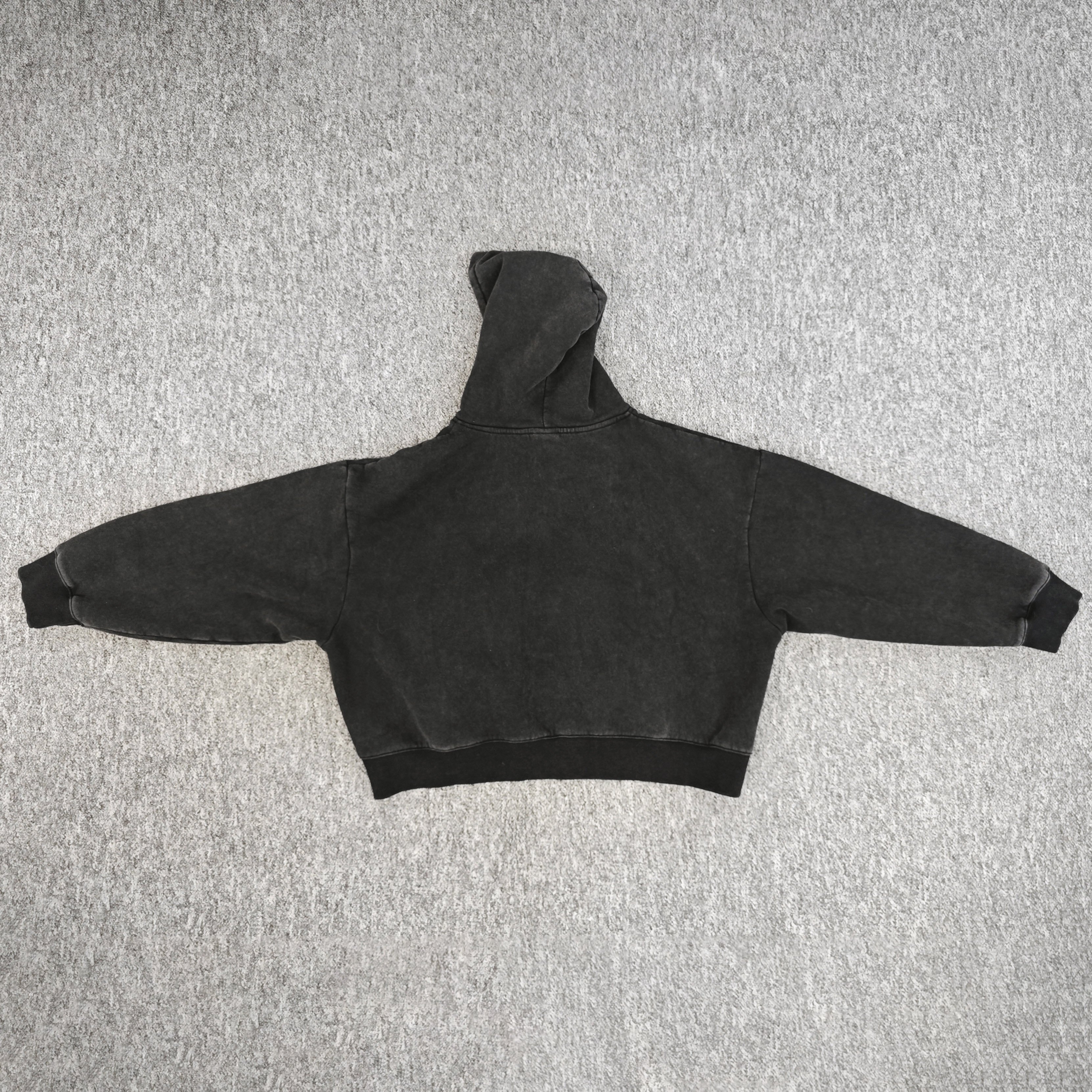 Custom Vintage Logo Acid Wash Rhinestone Boxy Cropped Hoodie Men Sun Faded Patchwork Applique Distressed Embroidered Hoodie