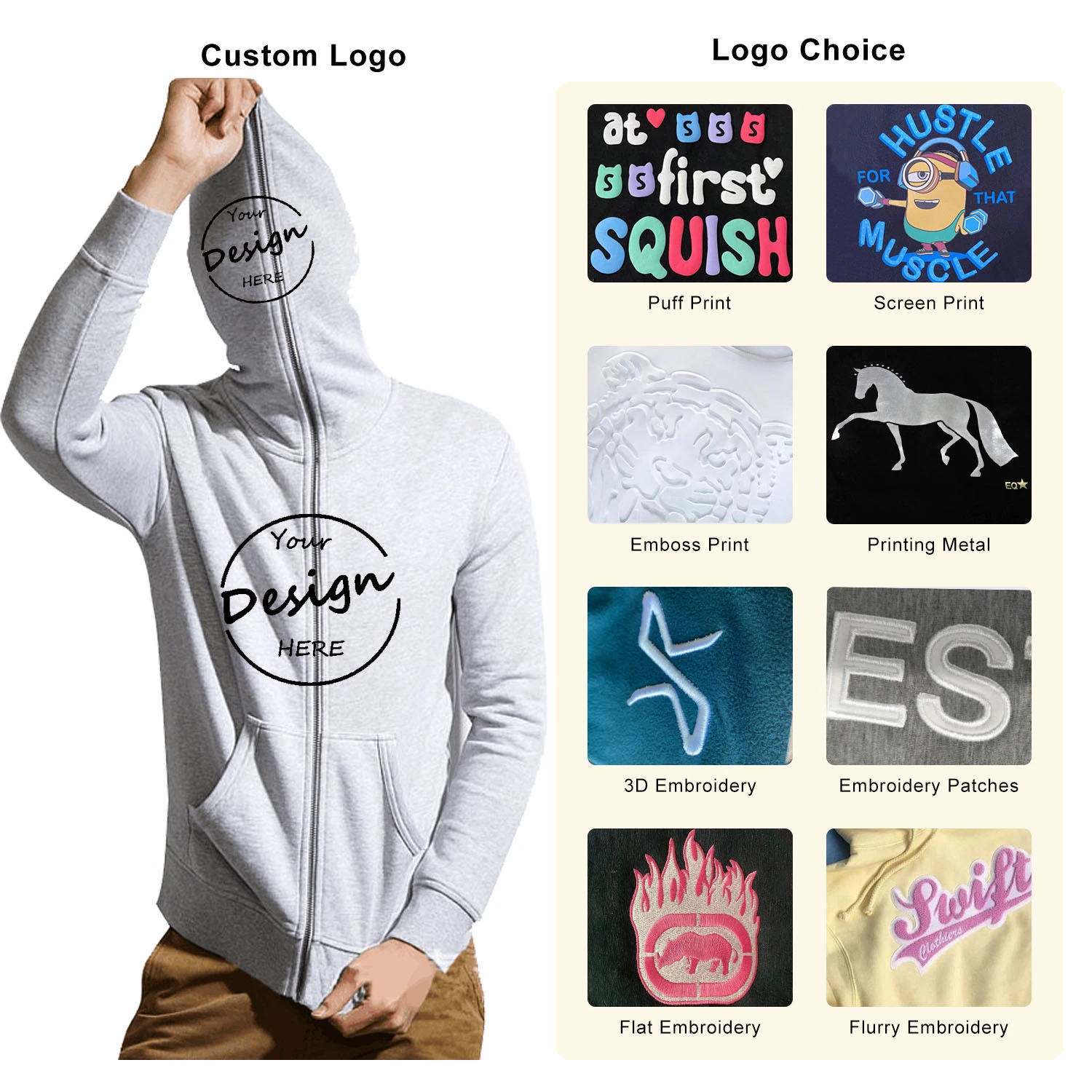 Custom Manufacturer Y2K Men French Terry 100% Cotton Low Minimum Oversized 3D Logo Full Face All Zip Up Hoodie Puff Print