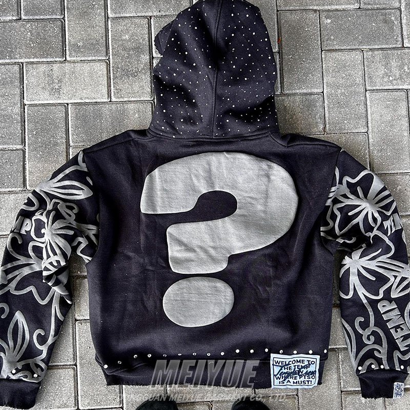 Custom Zip Up Hoodie Rhinestone Acid Wash Vintage Puff Printing Hoodie Oversized Heavyweight Men's Hoodies & Sweatshirts 500 Gsm