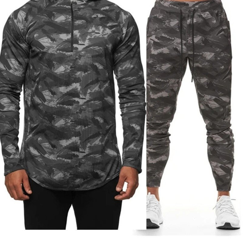 95% Polyester 5% Spandex Gym Wear Quick Dry Men's Active Training Exerc Camouflage Tracksuit Zip Up Hoodie And Jogger Set