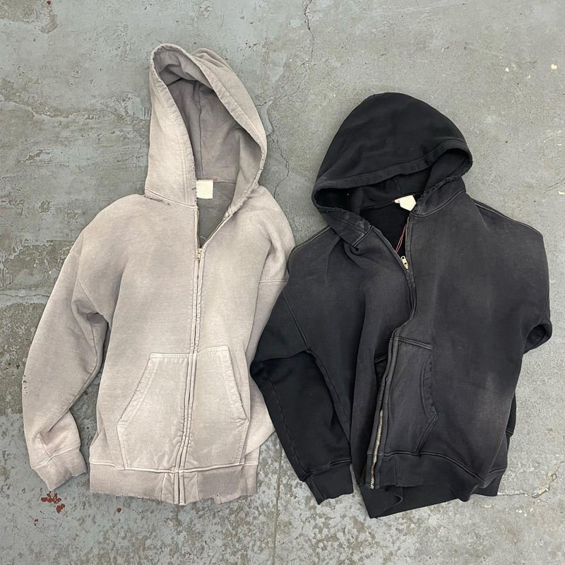 OEM Custom High Quality Streetwear Hoodie Fleece Blank Zip Up Vintage Double Layer Sun Faded Distressed Acid Wash Hoodies