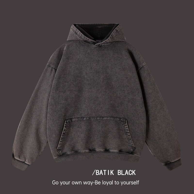Custom Men's Heavyweight 425 Gsm Distressed Hoodie Dark Grey Acid Vintage Washed 3D Print Pullover Hooded Sized Blank Sweatshirt