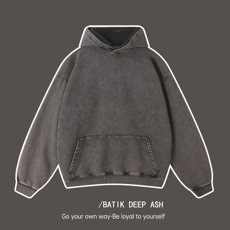 Custom Men's Heavyweight 425 Gsm Distressed Hoodie Dark Grey Acid Vintage Washed 3D Print Pullover Hooded Sized Blank Sweatshirt
