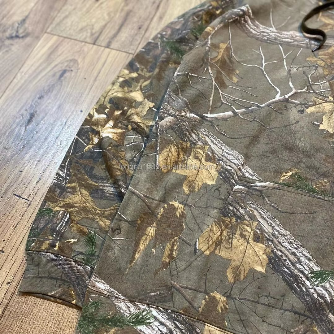 Street wear custom men's camo hoodie, heavy weight oversized men's hoodie with lined and drawstring camo pattern