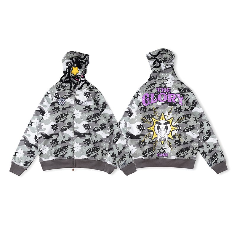 2024 Retro Camo 3D Streetwear Sublimated Sweatshirts Rhinestone Glo Gang The Glory Camouflage Print Full Zip Men's Hoodies