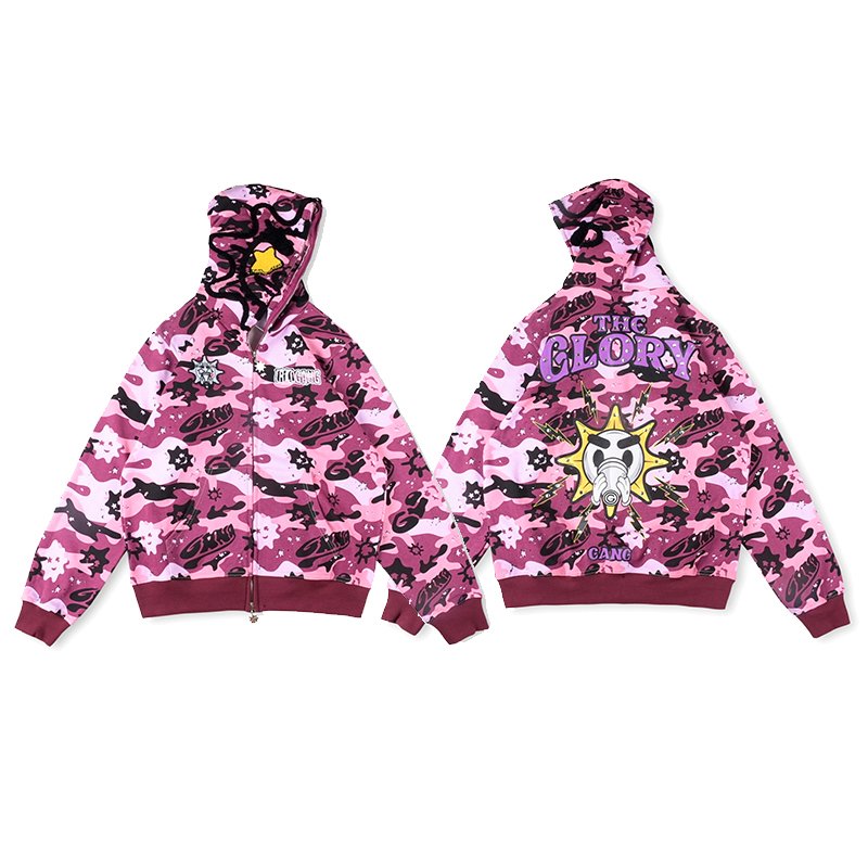 2024 Retro Camo 3D Streetwear Sublimated Sweatshirts Rhinestone Glo Gang The Glory Camouflage Print Full Zip Men's Hoodies