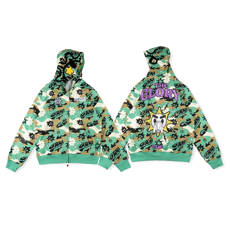 2024 Retro Camo 3D Streetwear Sublimated Sweatshirts Rhinestone Glo Gang The Glory Camouflage Print Full Zip Men's Hoodies
